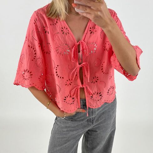 Women Y2k Floral Embroidered Shirt Eyelet Short Sleeve V Neck Bow Tie Front Blouse Cute Summer Going Out Tops in Saudi Arabia