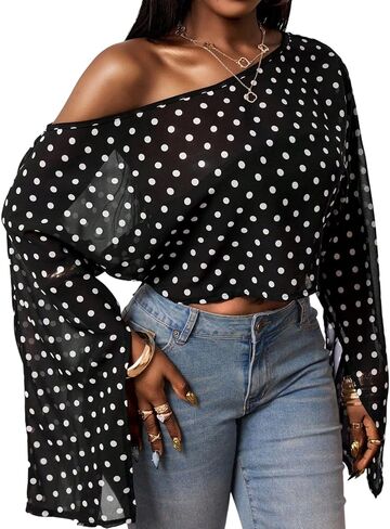 Verdusa Women's Polka Dots Off The Shoulder Blouses Going Out Poncho Tops Slit Long Sleeve Summer Shirts Brunch Outfits in Kuwait