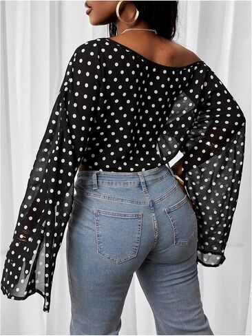 Verdusa Women's Polka Dots Off The Shoulder Blouses Going Out Poncho Tops Slit Long Sleeve Summer Shirts Brunch Outfits in Kuwait