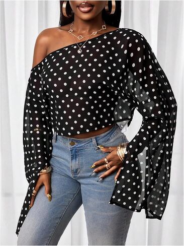 Verdusa Women's Polka Dots Off The Shoulder Blouses Going Out Poncho Tops Slit Long Sleeve Summer Shirts Brunch Outfits in Kuwait