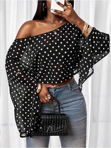 Verdusa Women's Polka Dots Off The Shoulder Blouses Going Out Poncho Tops Slit Long Sleeve Summer Shirts Brunch Outfits in Kuwait