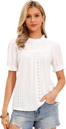 Allegra K Embroidered Eyelet Tops for Women's Casual Summer Hollow Out Ruffled Collar Puff Sleeve Blouse in Saudi Arabia