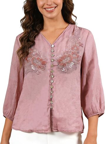 Women's 100% Linen Blouses 3/4 Sleeve Button Down Novelty Shirts in Saudi Arabia