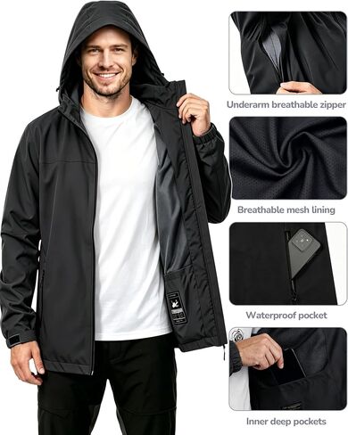 Men's Rain Jacket Waterproof Lightweight Rain Coat with Hood, Breathable Mens Windbreaker for Outdoor Cycling Travel in Saudi Arabia