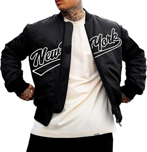Men's Letter Printed Zipper Baseball Collar Bomber Jacket in Saudi Arabia
