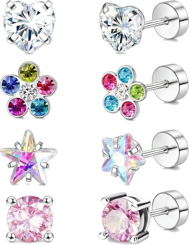 4Pairs Hypoallergenic Earrings for Women 316L Surgical Steel Heart Flower Star CZ Screw Back Stud Earrings 20G Flat Back Cartilage Earrings Set for Sensitive Ears in Saudi Arabia