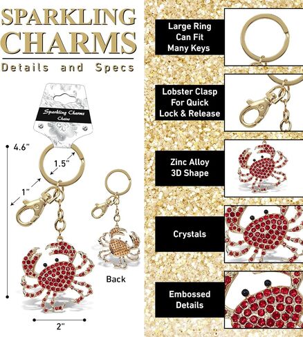 Crab Keychain - Gold 3D Sparkling Charm Rhinestones Fashionable Stylish Metal Alloy Durable Key Ring Bling Crystal Jewelry Accessory with Clasp for Key chain, Bag, Purse, Backpack, Handbag in Kuwait