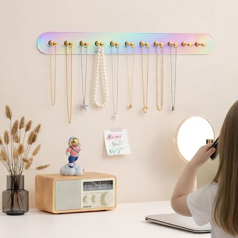 Iridescent Acrylic Necklace Holder Wall Mount, Adhesive Jewelry Organizer with Hooks, 5mm Thick Heavy Duty Hanging Chain Rack for Bathroom, Closet, Door & Dressing Table, 2 Pack in Saudi Arabia
