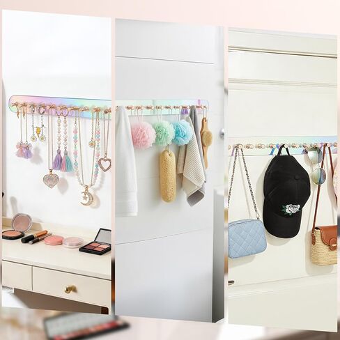 Iridescent Acrylic Necklace Holder Wall Mount, Adhesive Jewelry Organizer with Hooks, 5mm Thick Heavy Duty Hanging Chain Rack for Bathroom, Closet, Door & Dressing Table, 2 Pack in Saudi Arabia