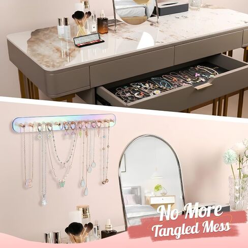Iridescent Acrylic Necklace Holder Wall Mount, Adhesive Jewelry Organizer with Hooks, 5mm Thick Heavy Duty Hanging Chain Rack for Bathroom, Closet, Door & Dressing Table, 2 Pack in Saudi Arabia