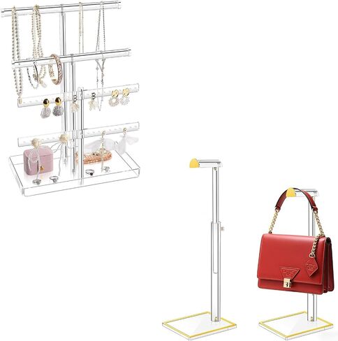Jewelry & Handbag Display Set: 4-Tier Acrylic Organizer + 2 Adjustable Gold Purse Racks for Retail Store, Closet or Booth in Saudi Arabia