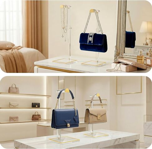 Jewelry & Handbag Display Set: 4-Tier Acrylic Organizer + 2 Adjustable Gold Purse Racks for Retail Store, Closet or Booth in Saudi Arabia