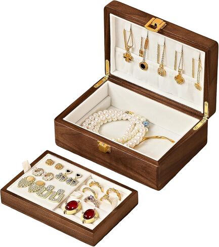Black Walnut Wooden Jewelry Box, Small 2 Layer Portable Travel Jewelry Organizer with Makeup Mirror, Removable Tray Necklace Ring Earring Bracelet Watch Storage, Gift for Women Mom Girls in Kuwait