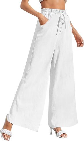 Women Wide Leg Linen Pants, High Waisted Summer Casual Cotton Linen Palazzo Pants with Pockets in Saudi Arabia