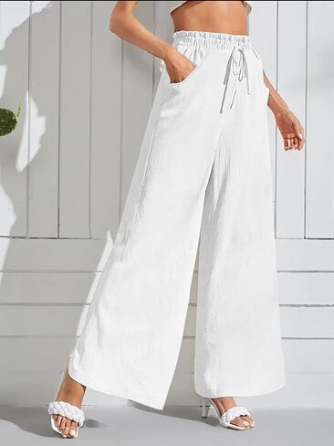 Women Wide Leg Linen Pants, High Waisted Summer Casual Cotton Linen Palazzo Pants with Pockets in Kuwait