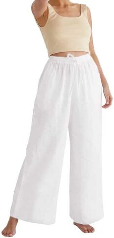 Women Wide Leg Linen Pants, High Waisted Summer Casual Cotton Linen Palazzo Pants with Pockets in Kuwait