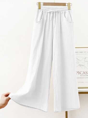 Women Wide Leg Linen Pants, High Waisted Summer Casual Cotton Linen Palazzo Pants with Pockets in Kuwait