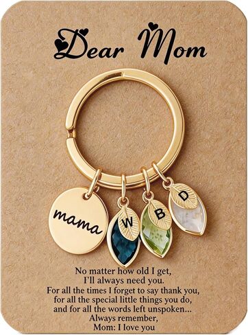 Personalized mama Keychain with Birthstone Leaf Initial Charms, Gold Tone, Mother's Day Birthday Gift for Mom in Saudi Arabia