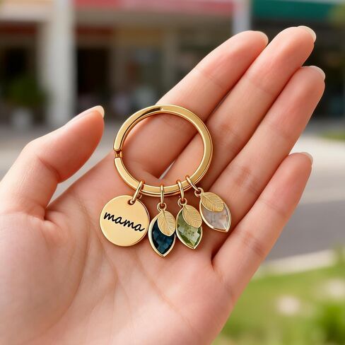 Personalized mama Keychain with Birthstone Leaf Initial Charms, Gold Tone, Mother's Day Birthday Gift for Mom in Saudi Arabia