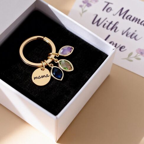 Personalized mama Keychain with Birthstone Leaf Initial Charms, Gold Tone, Mother's Day Birthday Gift for Mom in Saudi Arabia