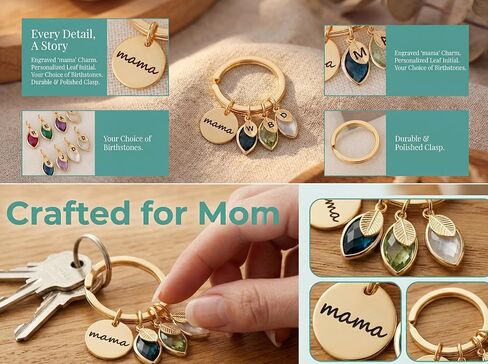 Personalized mama Keychain with Birthstone Leaf Initial Charms, Gold Tone, Mother's Day Birthday Gift for Mom in Saudi Arabia