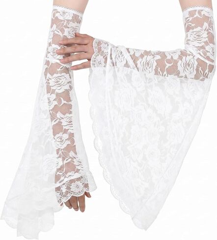 KUANG! 1 Pair Gothic Black Lace Sleeves Witch Long Gloves Victorian Lace Chiffon Detachable Arm Sleeve Women Vampire Cosplay in Kuwait
