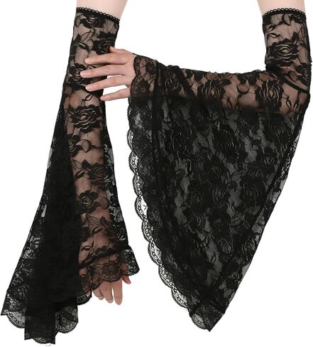 KUANG! 1 Pair Gothic Black Lace Sleeves Witch Long Gloves Victorian Lace Chiffon Detachable Arm Sleeve Women Vampire Cosplay in Kuwait