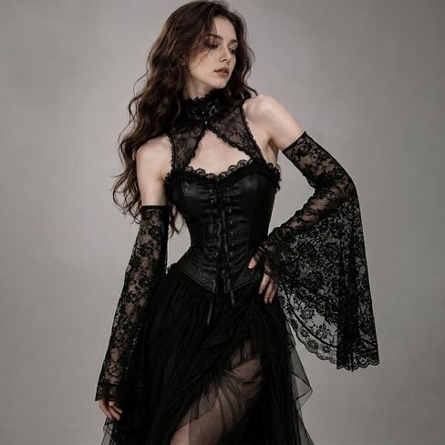 KUANG! 1 Pair Gothic Black Lace Sleeves Witch Long Gloves Victorian Lace Chiffon Detachable Arm Sleeve Women Vampire Cosplay in Kuwait
