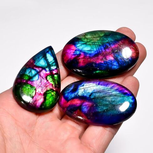 [40-50mm] [3pcs] Large Rainbow Pattern Labradorite Gemstones Cabochons, Jewelry Making Loose Gemstone, Polished Gems, DIY, Wire Wrapping, Reiki, Wikka, Healing Crystals, Bulk Gemstone Deal in Kuwait