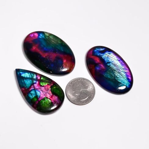 [40-50mm] [3pcs] Large Rainbow Pattern Labradorite Gemstones Cabochons, Jewelry Making Loose Gemstone, Polished Gems, DIY, Wire Wrapping, Reiki, Wikka, Healing Crystals, Bulk Gemstone Deal in Kuwait