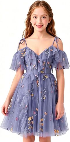 Floral Embroidery Tulle Flower Girl Dress Short Cold Shoulder Junior Bridesmaid Dresses V Neck Girls Homecoming Gown in Saudi Arabia