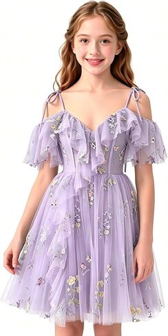 Floral Embroidery Tulle Flower Girl Dress Short Cold Shoulder Junior Bridesmaid Dresses V Neck Girls Homecoming Gown in Saudi Arabia