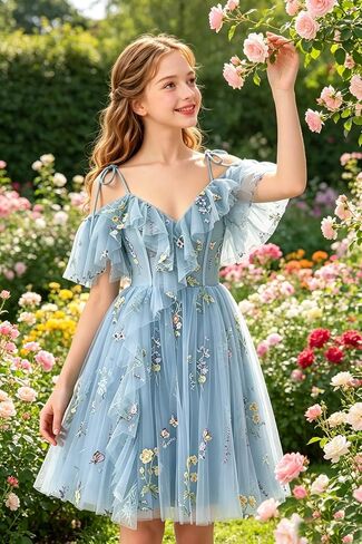 Floral Embroidery Tulle Flower Girl Dress Short Cold Shoulder Junior Bridesmaid Dresses V Neck Girls Homecoming Gown in Saudi Arabia