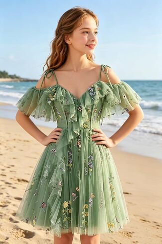 Floral Embroidery Tulle Flower Girl Dress Short Cold Shoulder Junior Bridesmaid Dresses V Neck Girls Homecoming Gown in Saudi Arabia