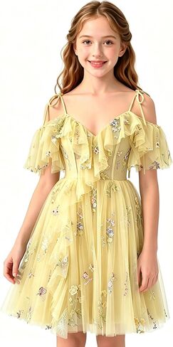 Floral Embroidery Tulle Flower Girl Dress Short Cold Shoulder Junior Bridesmaid Dresses V Neck Girls Homecoming Gown in Saudi Arabia