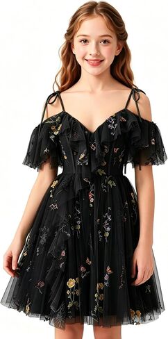 Floral Embroidery Tulle Flower Girl Dress Short Cold Shoulder Junior Bridesmaid Dresses V Neck Girls Homecoming Gown in Saudi Arabia