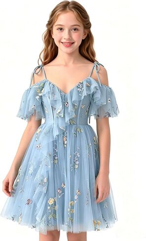 Floral Embroidery Tulle Flower Girl Dress Short Cold Shoulder Junior Bridesmaid Dresses V Neck Girls Homecoming Gown in Saudi Arabia