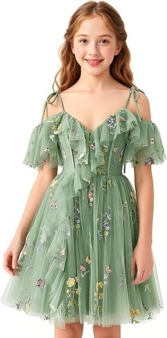 Floral Embroidery Tulle Flower Girl Dress Short Cold Shoulder Junior Bridesmaid Dresses V Neck Girls Homecoming Gown in Saudi Arabia