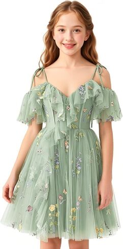 Floral Embroidery Tulle Flower Girl Dress Short Cold Shoulder Junior Bridesmaid Dresses V Neck Girls Homecoming Gown in Saudi Arabia