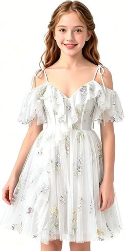 Floral Embroidery Tulle Flower Girl Dress Short Cold Shoulder Junior Bridesmaid Dresses V Neck Girls Homecoming Gown in Saudi Arabia