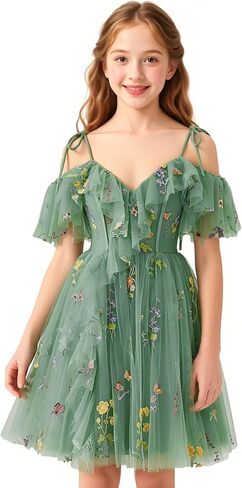 Floral Embroidery Tulle Flower Girl Dress Short Cold Shoulder Junior Bridesmaid Dresses V Neck Girls Homecoming Gown in Saudi Arabia
