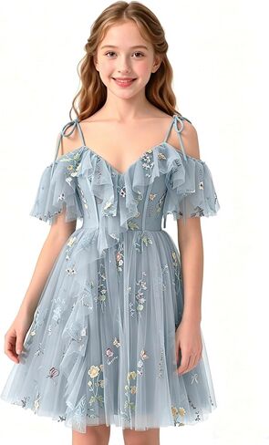 Floral Embroidery Tulle Flower Girl Dress Short Cold Shoulder Junior Bridesmaid Dresses V Neck Girls Homecoming Gown in Saudi Arabia