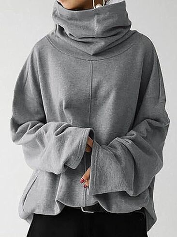 Women's Gray Polyester Turtleneck Top Fashion Sweatshirts: Oversized Long Sleeve Pocket Casual Warm Pullover in Kuwait