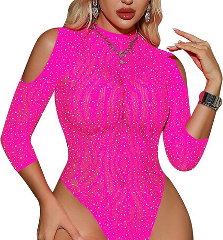 Women Fishnet Bodysuit Sparkle Rhinestone Mesh Teddy Rave Lingerie Outfit, One Size in Saudi Arabia
