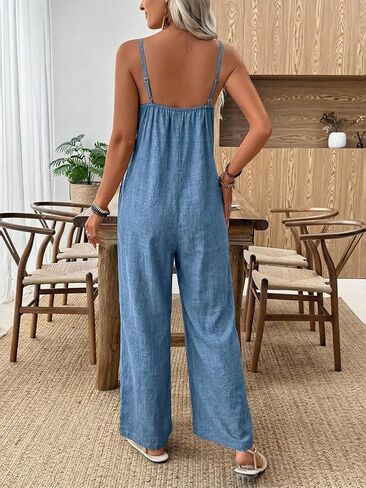 Women's Elegant Casual Sleeveless Wide Leg Solid Jumpsuit, Loose Casual Overall with Pockets in Kuwait