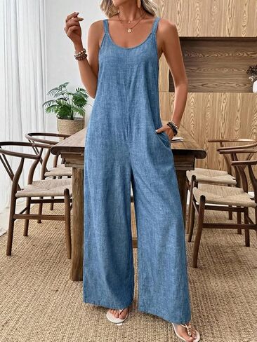 Women's Elegant Casual Sleeveless Wide Leg Solid Jumpsuit, Loose Casual Overall with Pockets in Kuwait