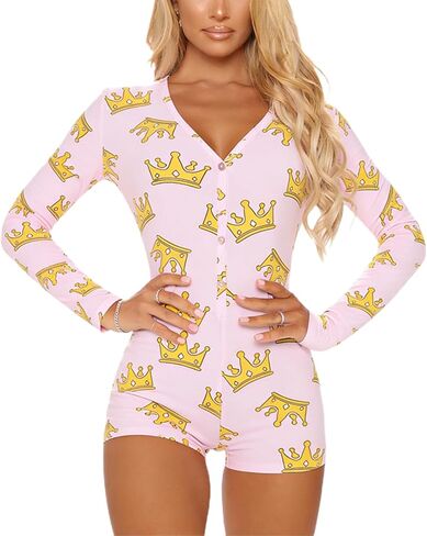 Women's Deep V-Neck Short Butt Flap Pajamas Onesie Sexy Back Door Onesies Long Sleeve Bodysuit Bodycon Rompers in Saudi Arabia