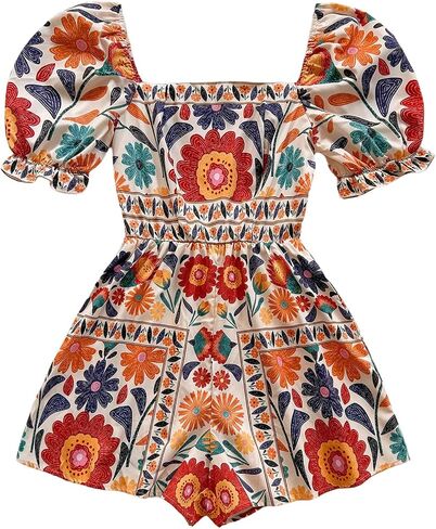 WDIRARA Women's Floral Square Neck Short Puff Sleeve Romper Boho Vacation Wide Leg Shorts Jumpsuit in Kuwait