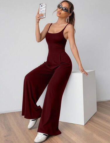 Women's Solid Color Sleeveless Spaghetti Strap Jumpsuit - Open Back, Wide Leg Casual Romper for Summer & Party in Kuwait