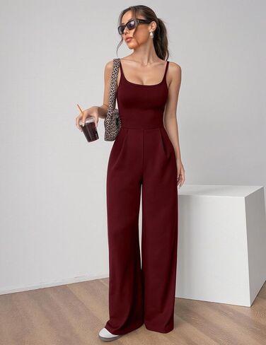 Women's Solid Color Sleeveless Spaghetti Strap Jumpsuit - Open Back, Wide Leg Casual Romper for Summer & Party in Kuwait